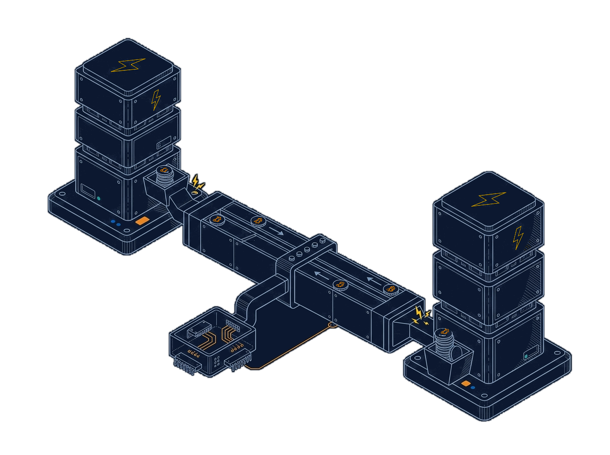 Isometric line drawing of two relay towers opening a channel between them, both feeding capital into a shared conduit that carries payments in both directions