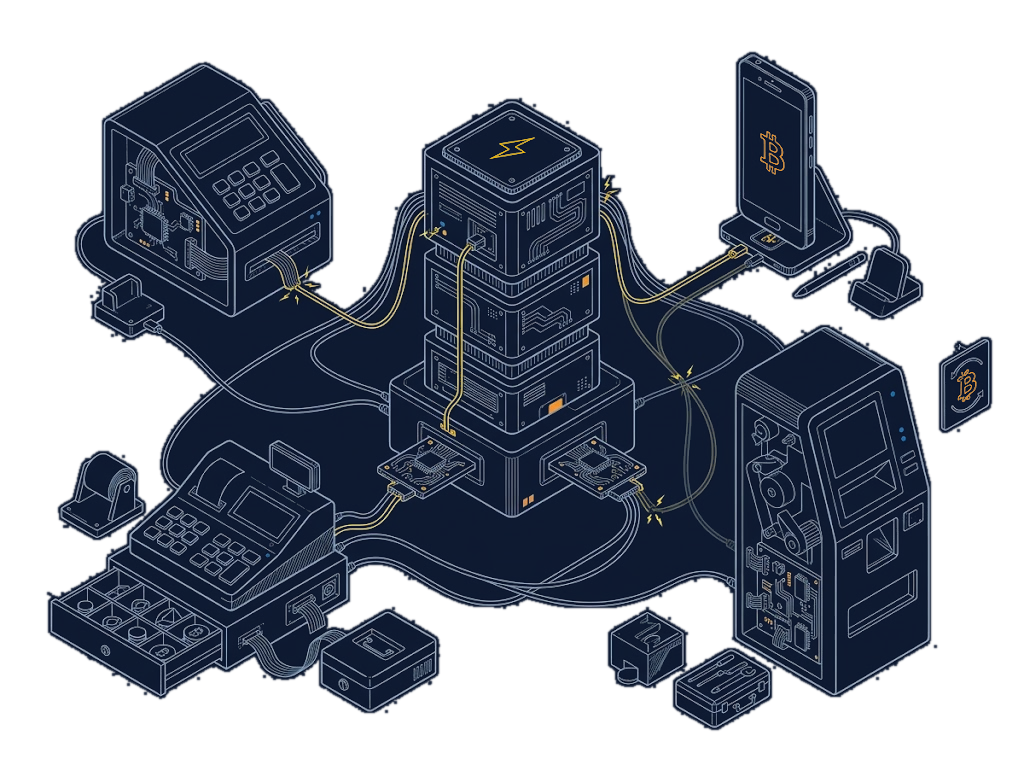 Isometric line drawing of payment machines wired to a Core Lightning relay tower: a card reader, a till, a phone wallet, and a kiosk, with one payment path lit in yellow