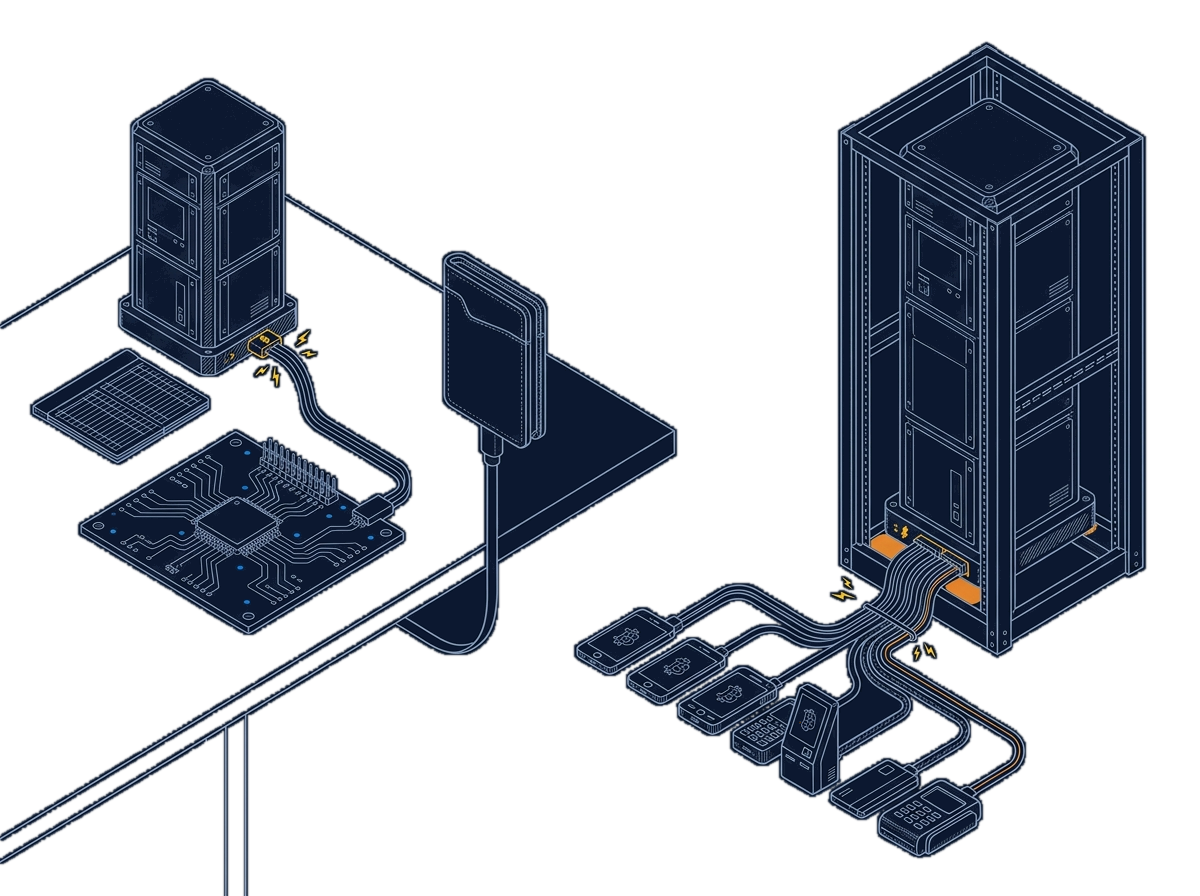 Isometric line drawing of the same relay tower drawn twice at different scales, one small on a desk beside a single-board computer, one tall in a rack row with many cables fanning out to client devices