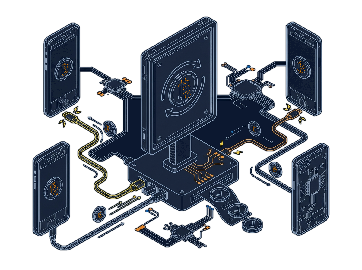 Isometric line drawing of a single standing offer plate with a bitcoin coin glyph and a loop arrow, several phone wallets around it each paying into the same plate along their own cable