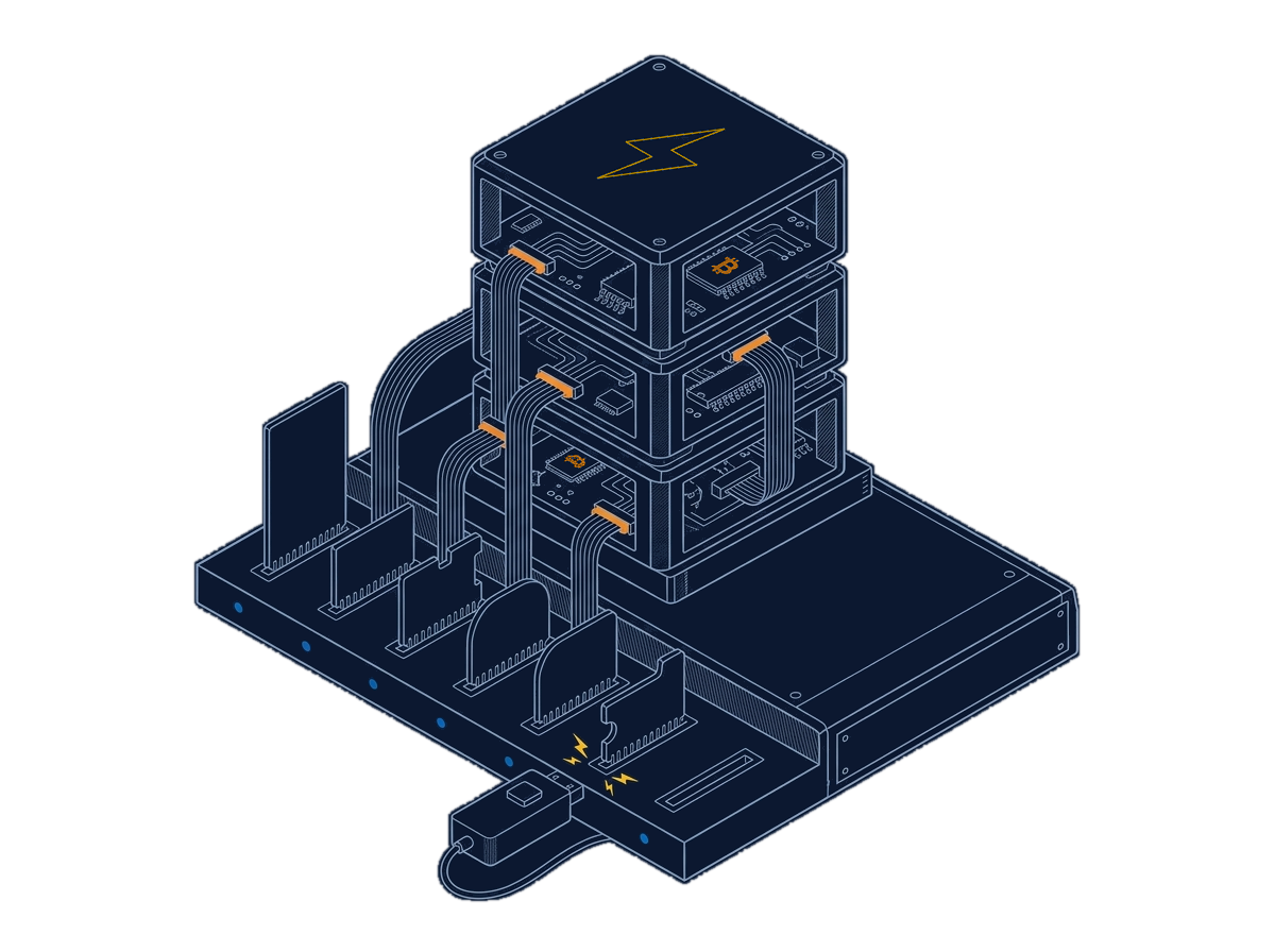 Isometric line drawing of a Core Lightning relay tower with a row of expansion slots along its base, plugin cards of different footprints seated in the slots and ribbon cables running from each card into the tower core