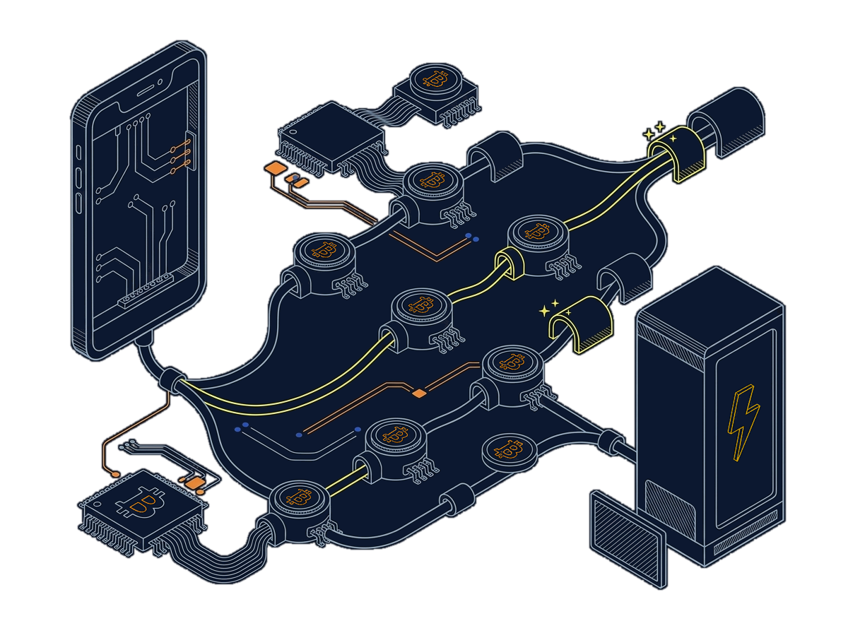 Isometric line drawing of a payment splitting into several shielded cable runs through a field of relay nodes, each run entering a hooded conduit so no single node sees the whole path
