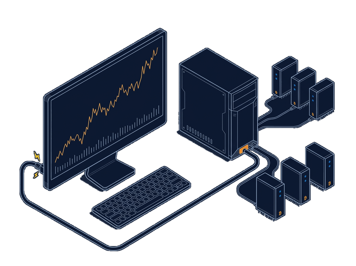 Isometric line drawing of a desk monitor showing an orange market line, a keyboard, and a server tower fed by six exchange boxes, with the tower cable running behind the monitor into its back