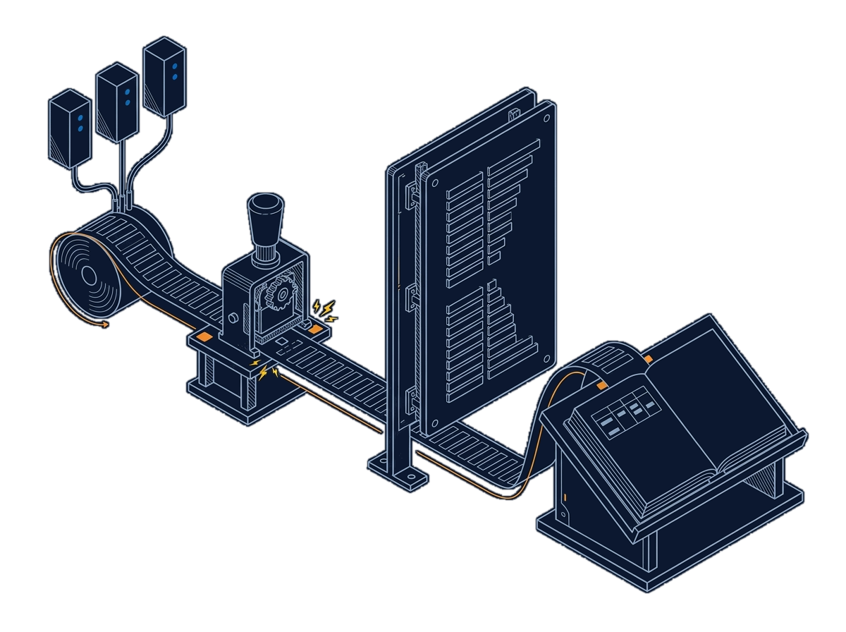 Isometric line drawing of a tape of trade records running through a numbering stamp that marks each one in sequence, past a ladder-shaped order book panel, into a daily summary ledger at the end of the line