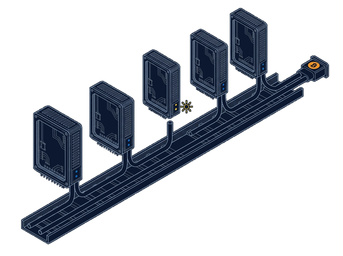 Isometric line drawing of a backbone cable trunk with two parallel redundant runs, exchange boxes plugging in along it, one box with its cable unplugged and a small warning lamp lit while the trunk keeps running