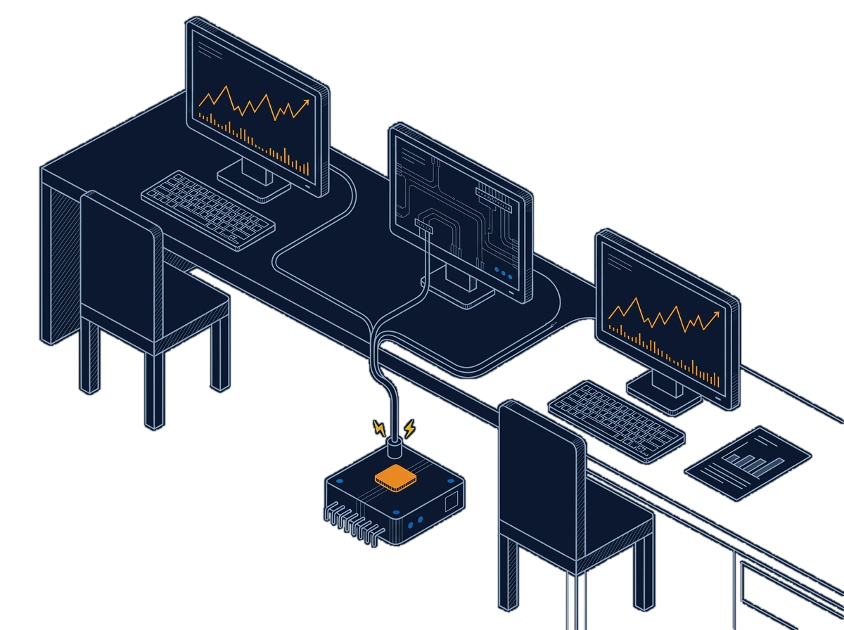 Isometric line drawing of a trading desk with three seats, each monitor showing the same orange market line, all three fed by one cable from a single feed box on the floor