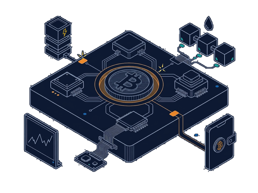 Isometric line drawing of a bitcoin foundation board with a Lightning tower, Liquid blocks, a wallet, and a market panel wired to it
