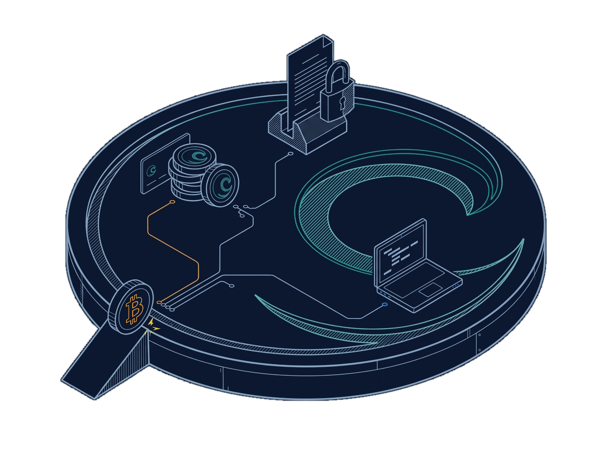 Isometric line drawing of a round platform engraved with the Liquid wave mark, carrying a stack of Liquid tokens, a contract with a padlock, an open laptop, and a bitcoin coin rolling up a ramp onto it