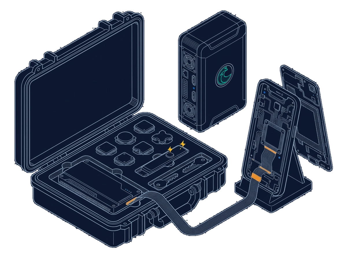 Isometric line drawing of an open toolkit case with a core module, chip packages, a hardware signer, and keys, wired into a phone wallet under assembly beside a terminal box carrying the Liquid mark