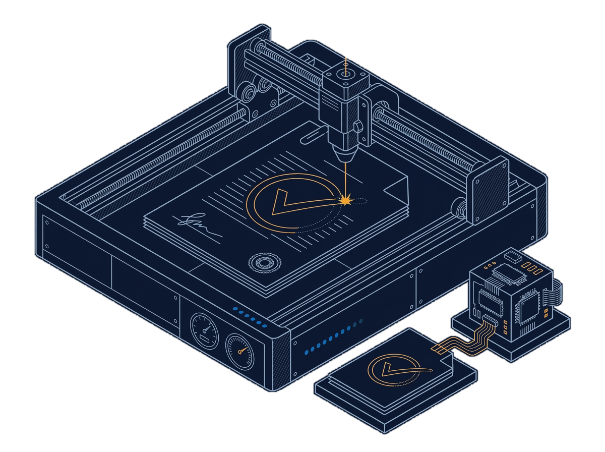 Isometric line drawing of a paper contract on a laser engraver bed, the laser burning a circled checkmark into it, with a stack of stamped sheets wired to a chip beside the machine